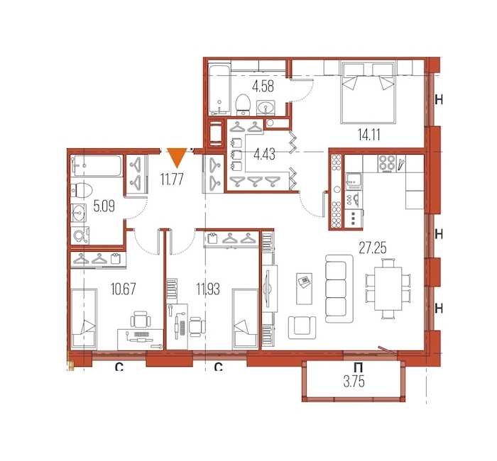 Трехкомнатная квартира в : площадь 89.83 м2 , этаж: 2 – купить в Санкт-Петербурге
